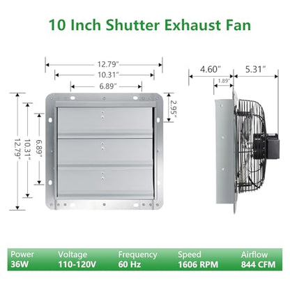 Louvered Exhaust Fan, 10 inch Wall Mount Shutter Fans w/Speed Controller,844 CFM,Chicken Coops Vent Fan for Greenhouse, Gable, Barn, Garage, Shed Ventilation Fan - color: With Speed Control, size: 10inch