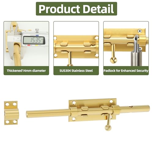 Alise Slide Lock SUS304 Stainless Steel Gate Latch, Slide Bolt Latch,Thickened Heavy Door Latch Lock,10 Inch Black Barrel Bolt Latch, Security Slide Latch Lock Gold - color: Gold, size: 10 Inch (Regular)