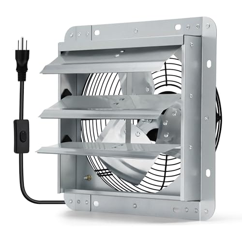 12 Inch Shutter Exhaust Fan, Wall Mount Attic Fan with Power Cord for Greenhouses, Sheds, Garages, Chicken Coops, Barns Ventilation, 970 CFM - color: with Power Cord, size: 12 Inch
