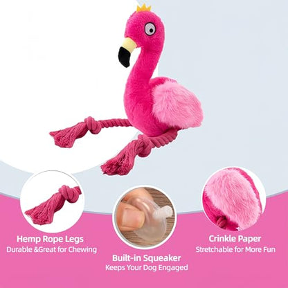 Plush Flamingo Dog Toy with Rope Legs, Pink, Interactive Squeaky Chew Toy for Small, Medium Dogs, Tug-of-War Play - color: Pink Flamingo