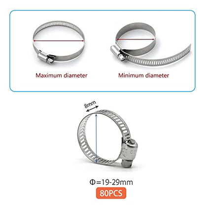 ZIPCCI Hose Clamp 1 Inch, 80 Pack Stainless Steel Hose Clamps Worm Gear fuel line pipe clamps, 19-29mm (1 Inch) - size: 19-29mm (1inch)