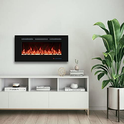 36" Electric Fireplaces Inserts, Recessed & Wall-Mounted Fireplace Heater with Thermostat, Multicolor Flames,Timer, Log & Crystal, 750/1500W - size: 36 inch