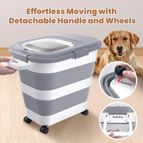 23-25 Lbs Airtight Dog Food Storage Container,Collapsible Dog Food Container with Lid,Wheels,Handle,Large Pet food storage Container with Scoop,Small Food Container for Dog Cat - color: Grey/25 LBS