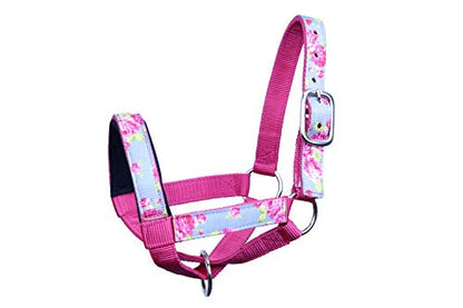 Double Layer Heavy Duty Padded Overlay Printed Nylon Cow Halter - 6 Month Warranty - color: Grey Floral and Hot Pink, size: Medium (Calf)