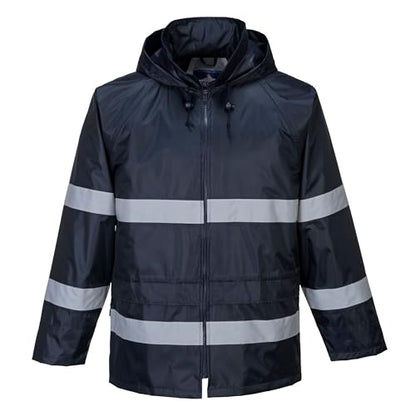 Portwest F440 Men's Hi Vis Waterproof Hooded Rain Jacket - Classic Iona Reflective Rain Coat Navy, 3X-Large - color: Navy, size: 3X-Large