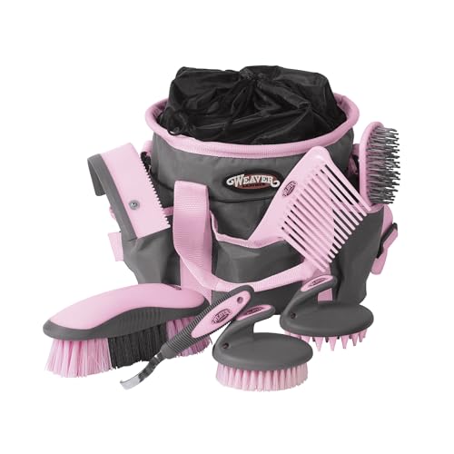 Weaver Equine Horse Grooming Kit, 7-Piece Horse Brush Set with Organizer Tote Bag, Hoof Pick, Comb, Sweat Scraper, Equine Tools for Daily Grooming, Gray/Pink - color: Gray/Pink