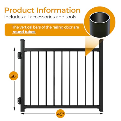 36"x45" Aluminum Deck Fence Gate Outdoor | with Auto-Closing Hinges and Latch, 3/4" Round Black Powder Coated for Patios Railing Indoor & Outdoor