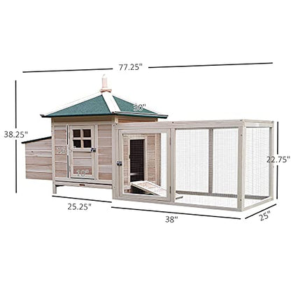 PawHut 77" Wooden Chicken Coop with Nesting Box, Cute Outdoor Hen House with Removable Tray, Ramp Run, for Garden Backyard, Natural - color: Natural