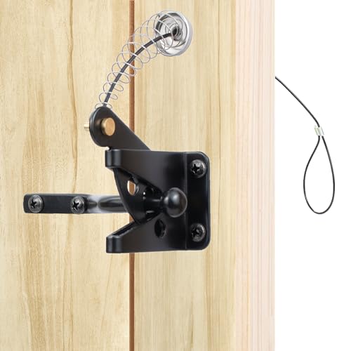 2 Packs MustGood Self-Locking Gate Latch with Stainless Steel Spring Cable Pull Fit for Wood/Vinyl/Aluminum/Iron Gates