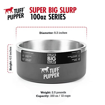 Tuff Pupper 100 oz Heavy Duty Insulated Stainless Steel Dog Bowl for Large Dogs, Non-Slip Base, Dishwasher Safe - color: Cool Grey, size: 100oz