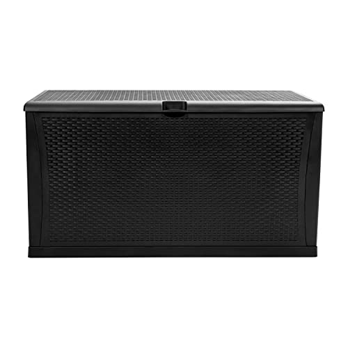 Merrick Lane Outdoor Storage Container - 120 Gallon Capacity - Black Weather Resistant Plastic - UV Treated to Prevent Fading - Chest Design with Hinged Lid