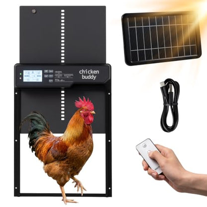 PETSITE Solar Powered Automatic Chicken Coop Door, Along with USB Charging | | LCD Display | Light Sensor, Timer, Remote & Manual Control | Anti-Pinch Design | Waterproof | Made of Aluminum |