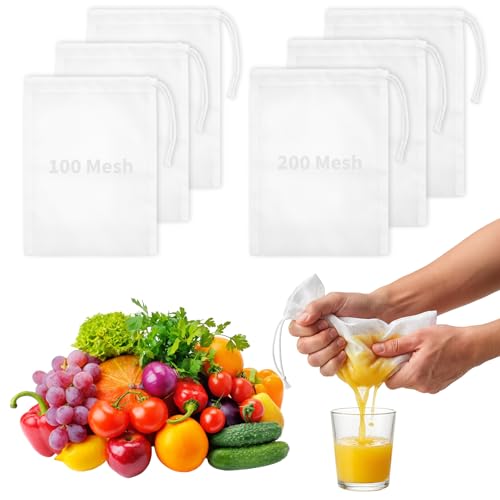 6 Pcs Nut Milk Bag Reusable, Dual Mesh Sizes (100 & 200) Nylon Strainer Bags for Almond Milk, Cold Brew Coffee, Juice, Tofu - 5.9x7.87 Inch Cheese Cloth Bags for Kitchen Straining