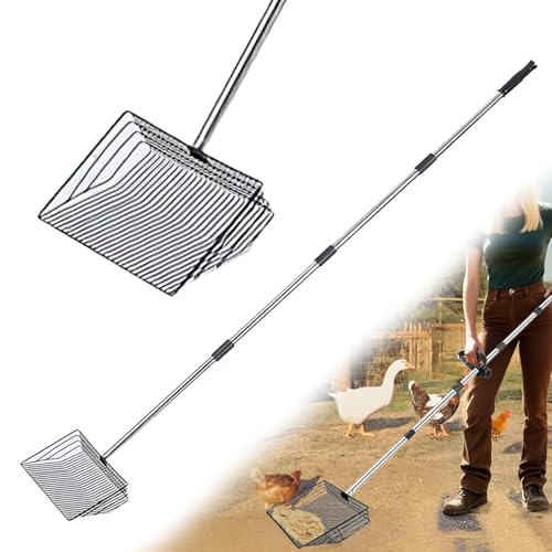 Chicken Poop Scooper: 15-Inch Large with Ergonomic Grip, 5-in-1 Heavy Duty Adjustable Coop Scoop (24 to 68 Inches), Stainless Steel Sifting Litter Shovel for Chicken Coop Cleaning