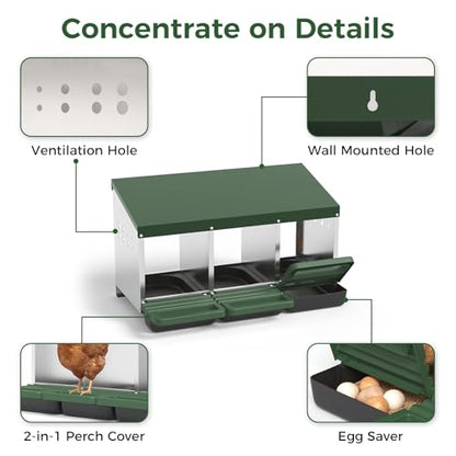 Garvee 3-Hole Chicken Nesting Box with Removable Lid, Metal Chicken Coop with Roll Away Design/Easy Egg Collection/Ventilation Holes, for Chicken Coops, Duck Coops and Hens (Green) - color: GREEN, size: 3-Hole