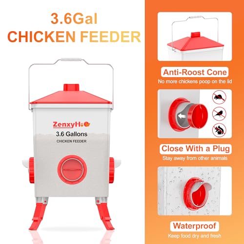 ZenxyHoC 3.6 Gal Chicken Feeder with Anti-Roost Cone, 3 Height Adjustable Locking Legs and 4 No-Waste Ports for Backyard Flock