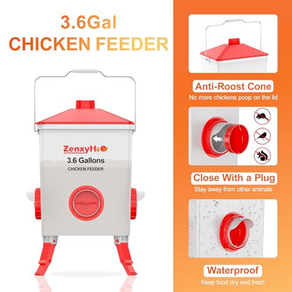 ZenxyHoC 3.6 Gal Chicken Feeder with Anti-Roost Cone, 3 Height Adjustable Locking Legs and 4 No-Waste Ports for Backyard Flock