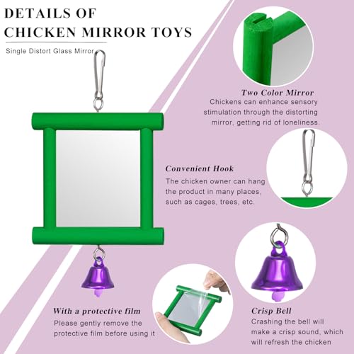 Sumind 2 Pieces Chicken Mirror Toys Hanging Swing Mirror with Bell Wooden Pecking Toy and 4 Pieces Beak Grinding Molar Stones for Hens Birds Parrots(Red,Green) - color: Red,green