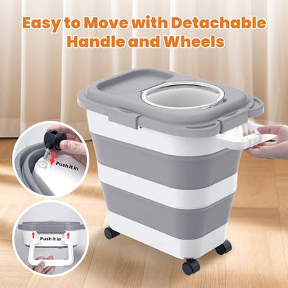 HOYTAMDAR 25-28lbs Dog Food Storage Container, Collapsible Dog Food Container, Wheels, Handle, Airtight Pet Food Storage Container, Scoop, Small Dry Container For Dog Cat Bird Food - color: Grey-28lbs