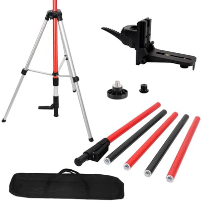 12Ft Telescoping Laser Level Pole with Tripod - Adjustable Laser Stand with Dual Thread Adapter (1/4"-20 & 5/8"-11) for Rotary and Line Lasers, Includes Carrying Case & Bubble Level(Black&Red) - color: Black&red