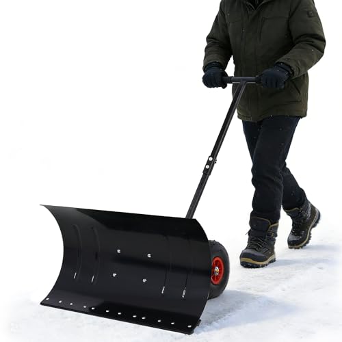 29" Push Snow Shovel with Wheels for Driveway, Heavy Duty Metal Wheeled Snow Pusher Hand Plow with Adjustable Angle & Height Ergonomic Handle for Snow Removable, 29"x14" Blade - color: Black, size: 29" x 14"