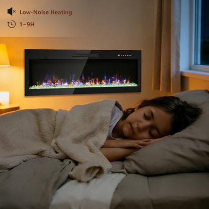 50" Electric Fireplace, Wall Mounted Recessed Fireplace Insert, 16 Adjustable Flame Colors, Fit 2x6 Stud w/Timer, Remote Control, Ultra-Thin Fireplace Heater, 1400W, Black - size: 50 Inch Standard