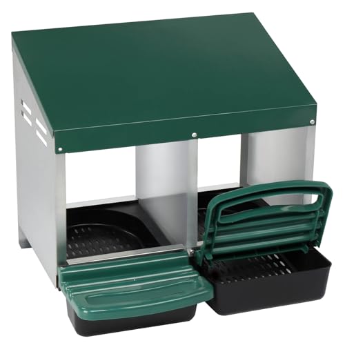 Chicken Nesting Boxes for Laying Eggs 2 Compartment, Roll Away Nest Boxes for Poultry, Pull Out Plastic Basket, Integrated Perch, Steel Frame, Hangable, Chicken Coop Metal for Hens, Ducks, Green - size: 21.3x20.5x18.5in