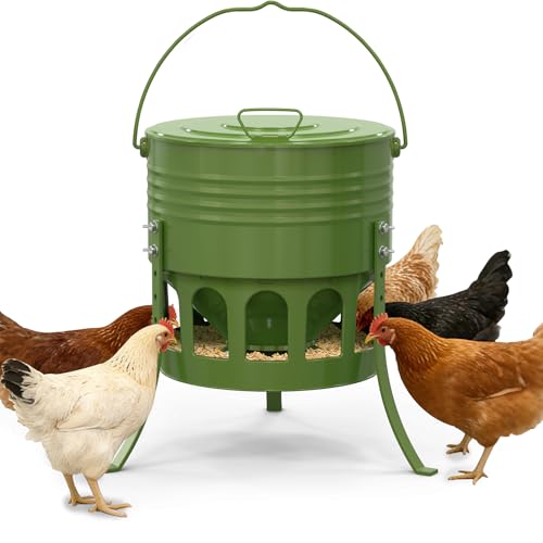 Metal Chicken Feeder No Waste, 20 Lbs Large Automatic Chicken Feeder with 12 Ports, Adjustable Height Poultry Feeder with Lid & Handle, Rat Proof Rust Proof Feed Box for Poultry & Backyard Chickens