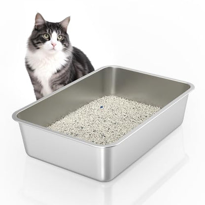 WENBOKMIN Stainless Steel Cat Litter Box, 6in Cat Litter Pan for Large Cats and Rabbits, Extra Large Metal Litter Box High Sides Odor Control Anti-Corrosion Nonstick - size: 24" L x 16" W x 6" H