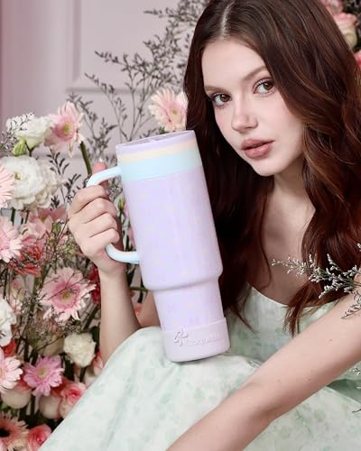 40 oz Insulated Tumbler with Handle and Push-Button Straw Lid, Stainless Steel Travel Cup for Gym Office, Leakproof, BPA-Free, Cup Holder Friendly, Bow Silicone Boot, Purple (Bow Lilac) - color: Bow Lilac