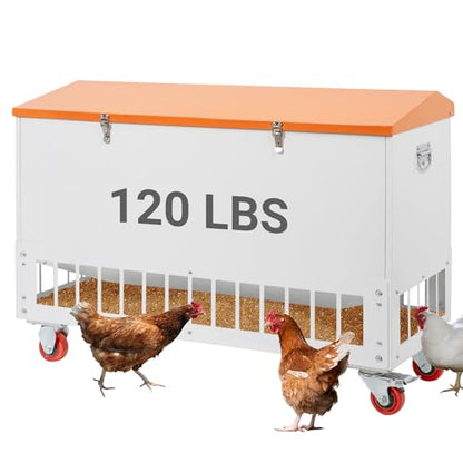 120LBS Chicken Feeder with Grille & Wheels, No-Waste Feeder w/ 38 Ports for 20 Chickens, Powder-Coated Steel Feeder w/Waterproof Lid, 37.6”x14.6”x26.2” - size: 120LBS