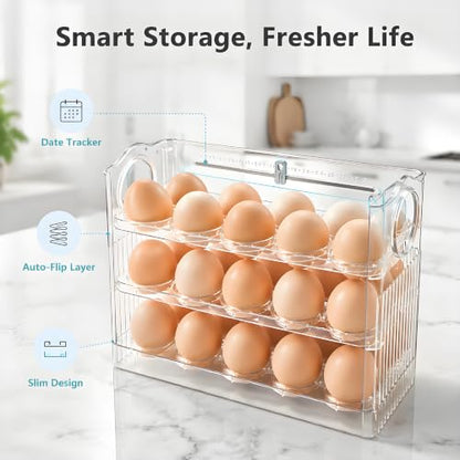 Egg Holder for Fridge, Holds 30 Eggs, 3-Tier Stackable Egg Organizer for Refrigerator with Date Tracker & One-Hand Access, BPA-Free PET Egg Storage Container for Countertop or Fridge, Clear