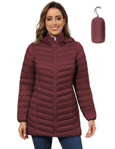 ROYAL MATRIX Women's Packable Puffer Jacket - Lightweight Winter Warm Long Quilted Puffer Coat with Detachable Hood - color: Wine Red, size: XX-Large