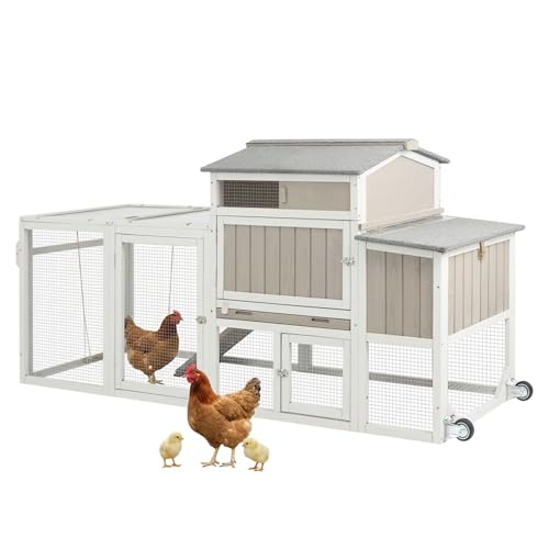 78" Wooden Chicken Coop with Nesting Box, Poultry Cage with Wheel Leak Proof Pull-on Tray and Asphalt Waterproof Roof, Hen House for Garden Backyard Farm - color: Grey, size: 25.6"L x 39.4"W x 77.4"H