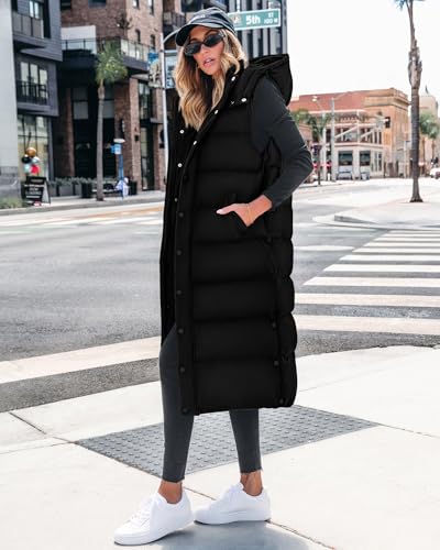 BTFBM Long Puffer Vest Women Quilted Hooded Button Down Zip Up Sleeveless Vests Outerwear Padded Jacket Fall Winter Coat - color: Black, size: X-Large