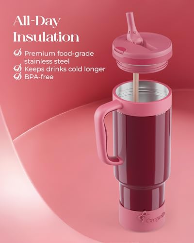 40 oz Insulated Tumbler with Handle and Push-Button Straw Lid, Stainless Steel Travel Cup for Gym Office, Leakproof, BPA-Free, Cup Holder Friendly, Bow Silicone Boot, Red (Wine Burgundy) - color: Wine Burgundy