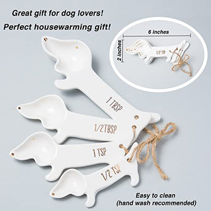 VOTUM White Dachshund Ceramic Measuring Spoon Set – Set of 4 Cute Weiner Dog Themed Kitchen Baking Tools – Gift for Dog Lovers - color: Dog Measuring Spoons