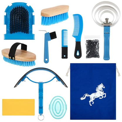 Abbylike 12 Pieces Horse Grooming Kit Racing Festival Tack Room Supplies Horse Brush Sets Equine Care Cleaning Kit Shedding Grooming Massaging Tools(Blue) - color: Blue