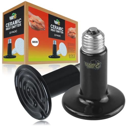 LUCKY HERP 50W Ceramic Heat Emitter, Reptile Heat Bulbs, Ceramic Heat Lamp for Reptiles, Amphibian, Chicken, Dog, Cat (2-Pack) - size: 50