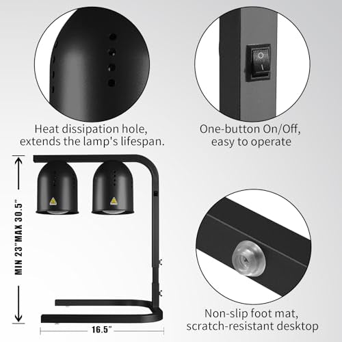 Heat Lamp for Food, with Two 250W Bulbs for Fast and Even Heating, Food Heat Lamp with Adjustable Height Stand, Commercial Food Warmer Lamp for Home, Fast Food Restaurant, Buffet, Bakery Black - color: Black