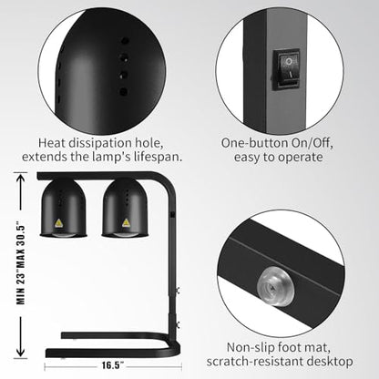 Heat Lamp for Food, with Two 250W Bulbs for Fast and Even Heating, Food Heat Lamp with Adjustable Height Stand, Commercial Food Warmer Lamp for Home, Fast Food Restaurant, Buffet, Bakery Black - color: Black