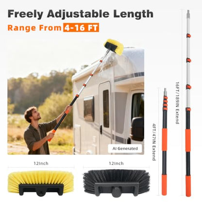 16FT Car Wash Brush with Long Handle, Car Cleaning Brush with 12" Soft Bristle and 12" Hard Bristle, 4-16Ft Telescopic Pole for Scratch-Free Cleaning Truck,RV, Boats,House Siding,Floors,Solar Panels - color: 16ft-orange