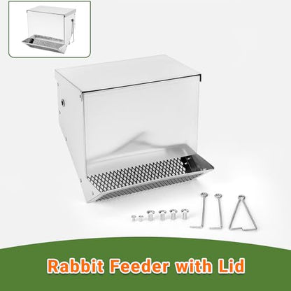 Rabbit Feeders Automatic for Cages,3.5 Pound Metal Trough Feeder with Water Bottle Galvanized Steel Outdoor Bunny Food Dispenser for Rabbits Chicken Guinea Pig Pet and Other Small Animals