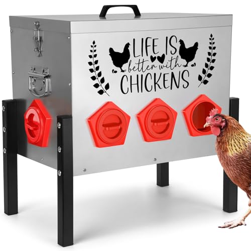 ‎Tgeyd 50 lb Heavy Duty Chicken Feeder, No Waste Galvanized Poultry Feeder with Locking Lid for Outdoor Chickens, Ducks & Geese - color: silver
