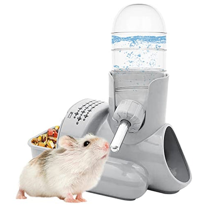 VANNON 3 in 1 Hamster Water Bottle No Drip Small Animal Water Bottle Automatic Bottle Dispenser with Food Container Base Hut and Hideout Base 4oz/120ml,Leekproof, BPA Free - color: Grey