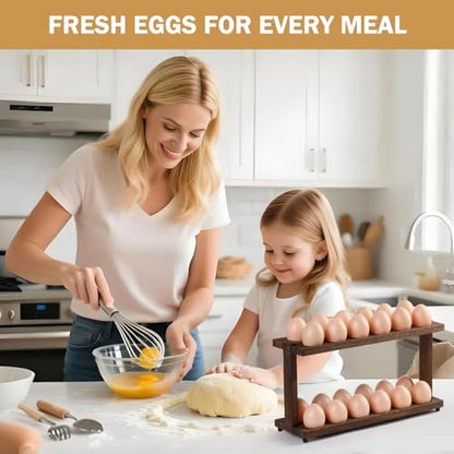 PEKER Wooden Egg Holder, 2-Tier Countertop Egg Rack, 24-Egg Capacity (Paulownia Wood), Farmhouse Kitchen Organizer for Fresh Eggs