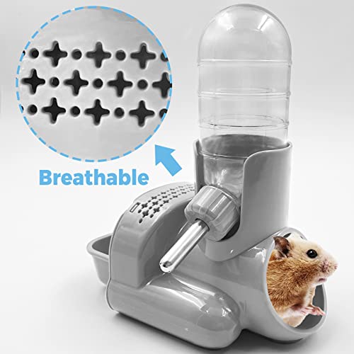 VANNON 3 in 1 Hamster Water Bottle No Drip Small Animal Water Bottle Automatic Bottle Dispenser with Food Container Base Hut and Hideout Base 4oz/120ml,Leekproof, BPA Free - color: Grey