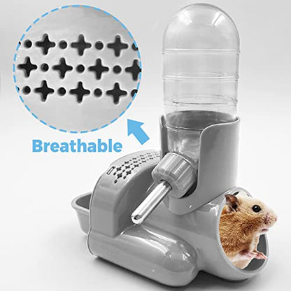VANNON 3 in 1 Hamster Water Bottle No Drip Small Animal Water Bottle Automatic Bottle Dispenser with Food Container Base Hut and Hideout Base 4oz/120ml,Leekproof, BPA Free - color: Grey