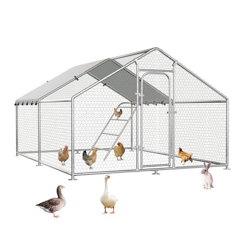 Large Metal Chicken Coop Walk-in Poultry Cage with Waterproof Roosting Perch and UV-Resistant Cover, Outdoor Chicken Run for Backyard Farm Use,Spire Roof(10'W x 13.2'L x 6.4'H) - size: 13x10Ft-Spire