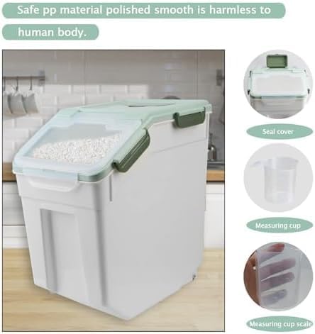 4 Pack Grain Food Storage Container, 20LB Airtight Rice Bin Storage Bucket with Spoon and Measuring Cup, Large Flour Dispenser Container Set 80LB Total Capacity, Green - color: 30lbs,4Pcs,Green
